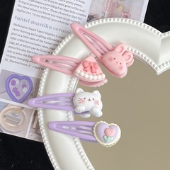 Cute cartoon kitten and rabbit BB flower heart dessert hair clip, girl's heart pink and cute hair clip, student bangs clip