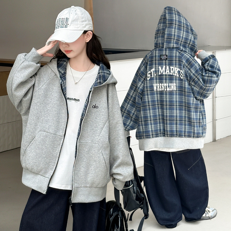 女童外套春秋2025新款儿童卫衣连帽拉链衫洋气中大童双面穿运动服|undefined