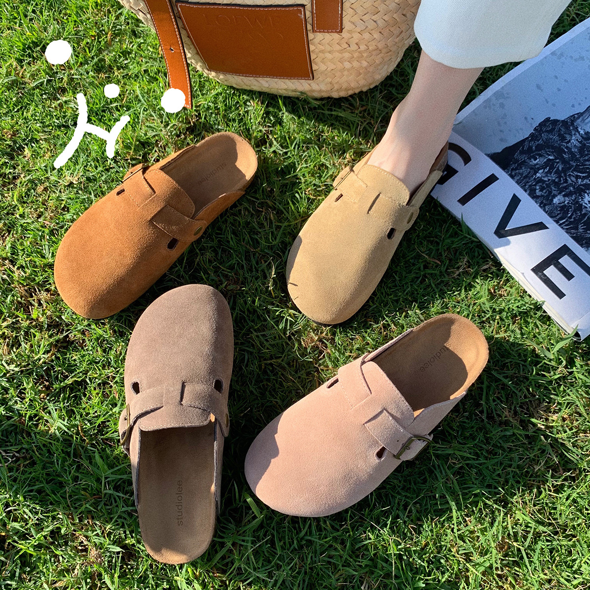 Suisanxi mismo estilo cuero genuino vintage Boken zapatos planos cerrados dedo del pie medio zapatillas verano de las mujeres desgaste exterior punta redonda Boken sandalias