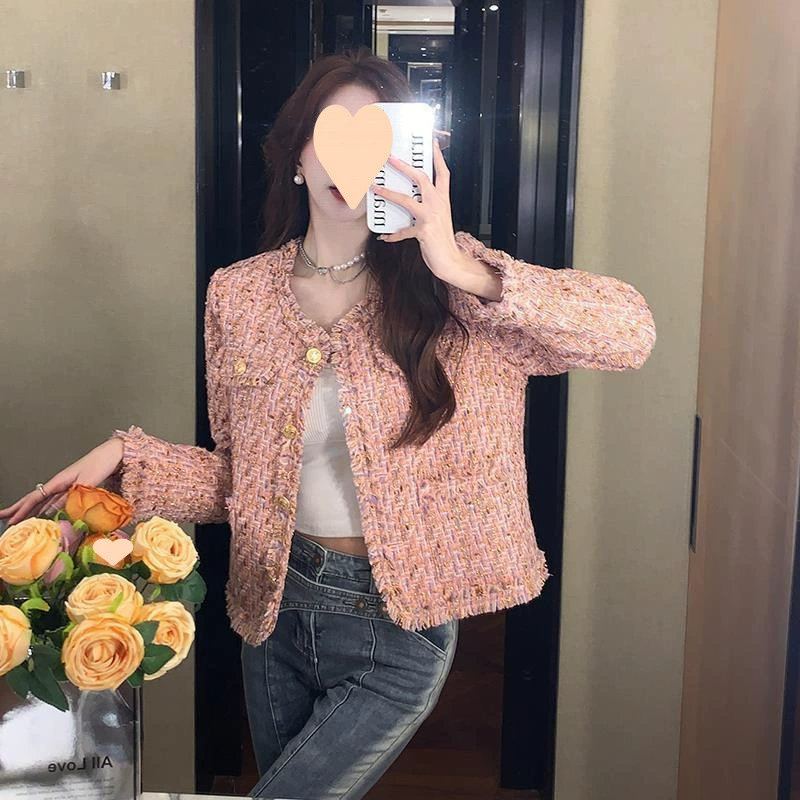 Фуксиевый демисезонный стеганый короткий жакет, стиль Chanel, утолщенный, корейский стиль, для подростков