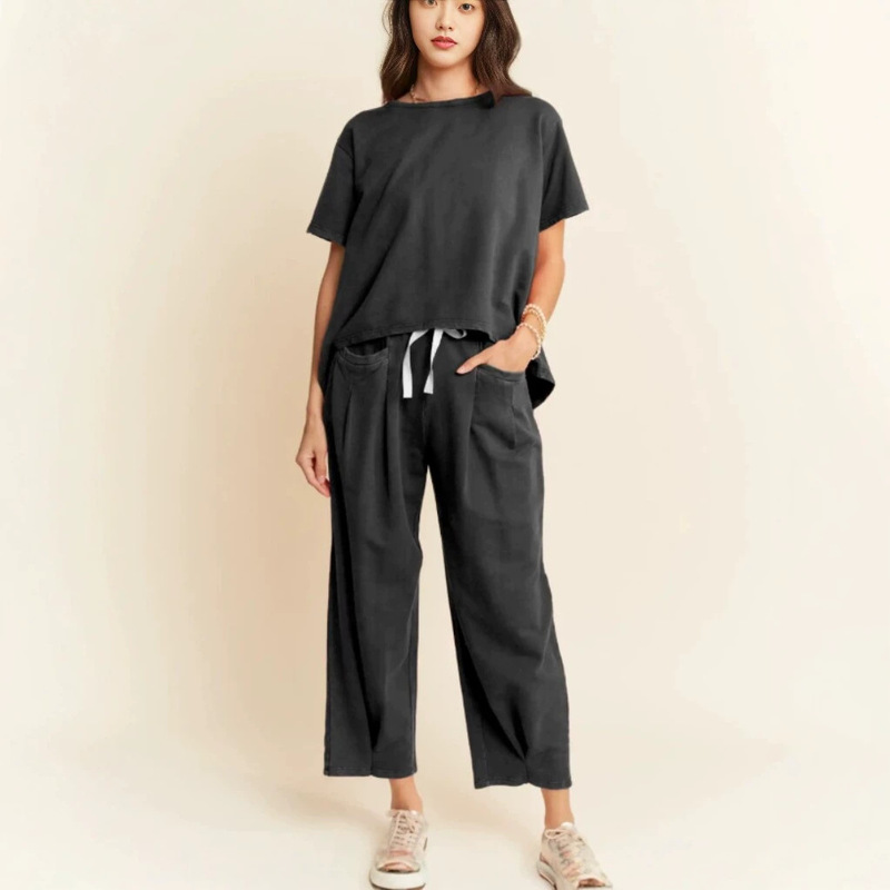 Bohemian fashion casual suit, loose short-sleeved top and wide-leg pants two-piece set, solid color round-neck loungewear Bohemian fashion casual suit, loose short-sleeved top and wide-leg pants two-piece set, solid color round-neck loungewear