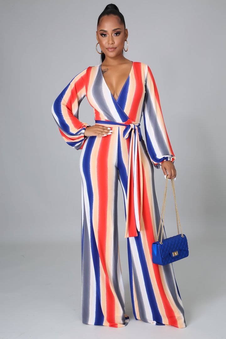 Stripe Print V-Neck Long Sleeved Jumpsuit NSMRF116557