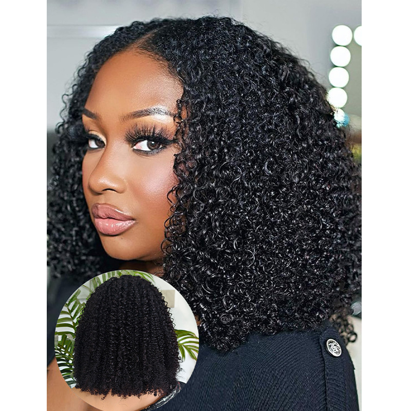 跨境U/V Part Bob Afro Curly Human Hair Wig全真人发丝假发头套|undefined
