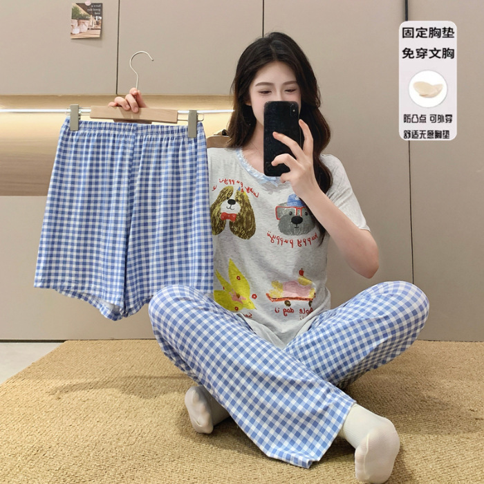 Pijamas de algodón modal para niñas dopamina, pantalones de manga corta de verano para mujer, lindo traje de tres piezas con almohadilla para el pecho, servicio a domicilio