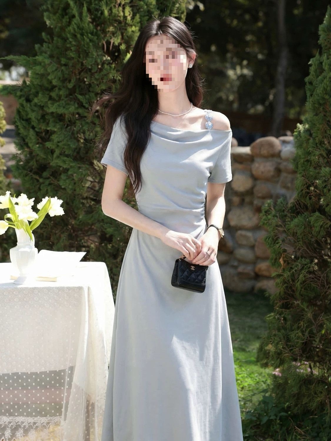 Váy đầm maxi nữ thắt eo thiết kế một chữ vai kiểu Pháp thuần màu — xanh lam, màu tím chi tiết 11