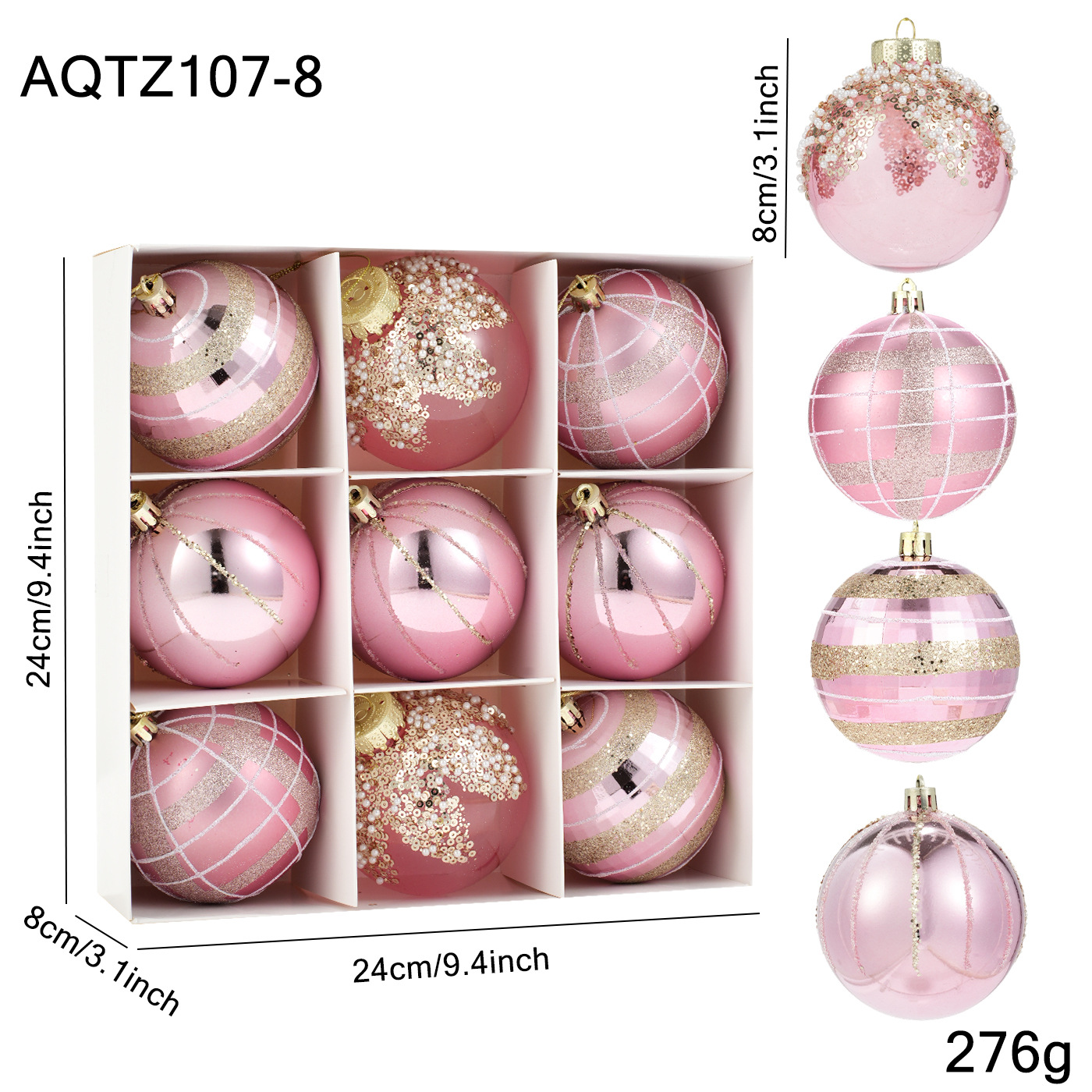 Nuevo producto 8CM pintado polvo adhesivo colorido bola de Navidad colgante bola set caja de decoración de Navidad colgante árbol de Navidad