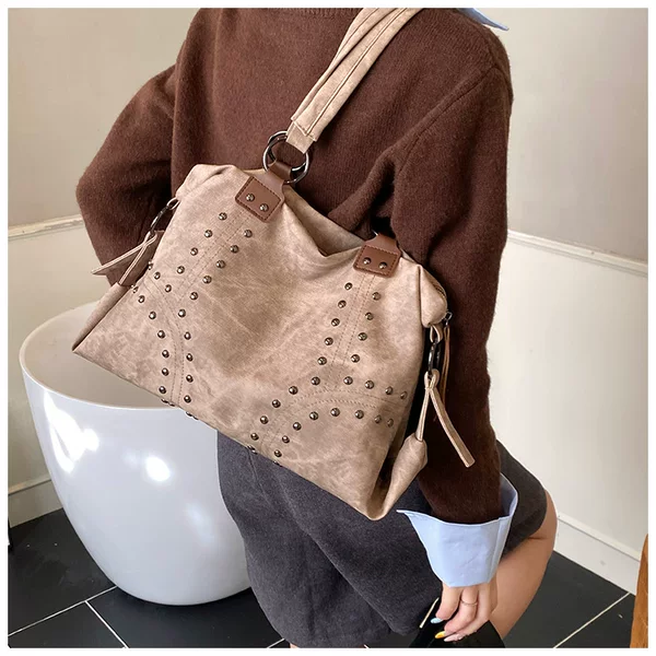 Foreign Trade Fashion Retro Rivet Handbag for Women 2026 New Fashion Shoulder Bag Simple Large Capacity Tote Bag