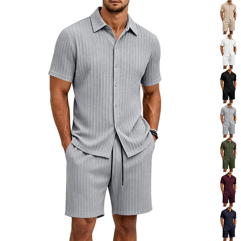 Cross-border e-commerce, Amazon Europe and America, men's summer loose jacquard casual home collared short-sleeved shirt and shorts set
