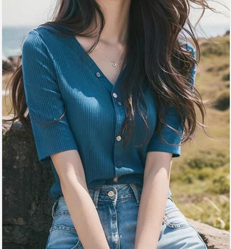 Áo cardigan dệt kim lụa băng màu xanh Dopamine cổ chữ V tay ngắn mùa hè — Màu như hình chi tiết 6
