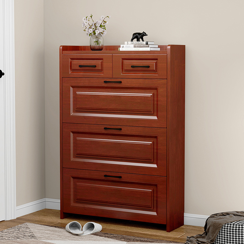 Modern Chinese-Style Ultra-Thin Tipping Bucket Shoe Cabinet for Home Entrance, Simple Entryway, Narrow Foyer, Mahogany Color, Space-Saving, Large Capacity