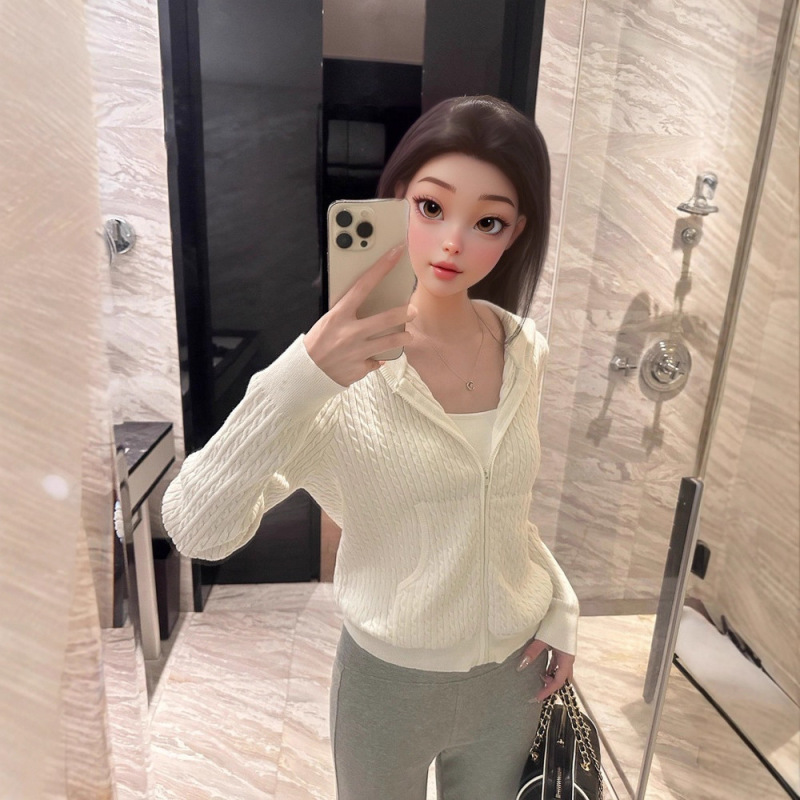 经典老钱 Ral*早秋连帽绞花针织开衫修身显瘦|undefined