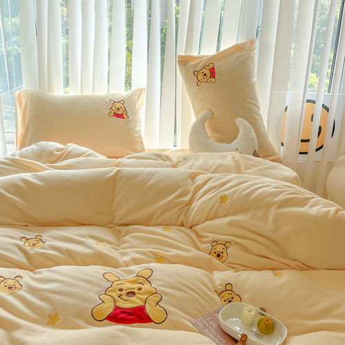 Category a maternal and infant grade cartoon milk velvet four-piece set skin-friendly baby velvet warm autumn and winter thickening home textile wholesale