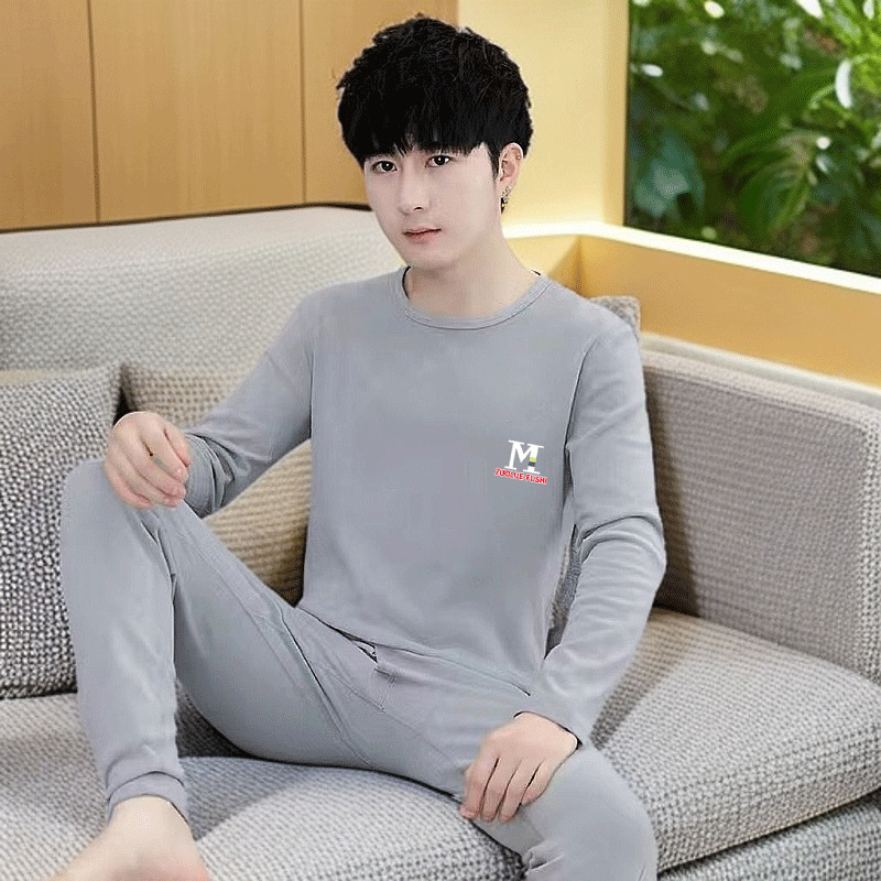 Boys' Round Neck Thermal Intimates Set, Autumn Clothes and Long Pants, Thin Youth Cartoon Print Low-Neck Pajamas and Pajamas