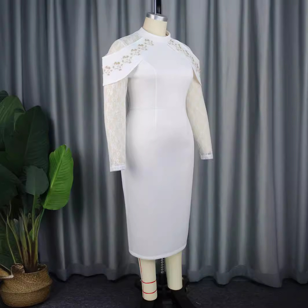 Abito in pizzo floreale da donna, temperamento elegante, piccolo colletto alto, gonna lunga fino alla vita, vestito_voghion.com