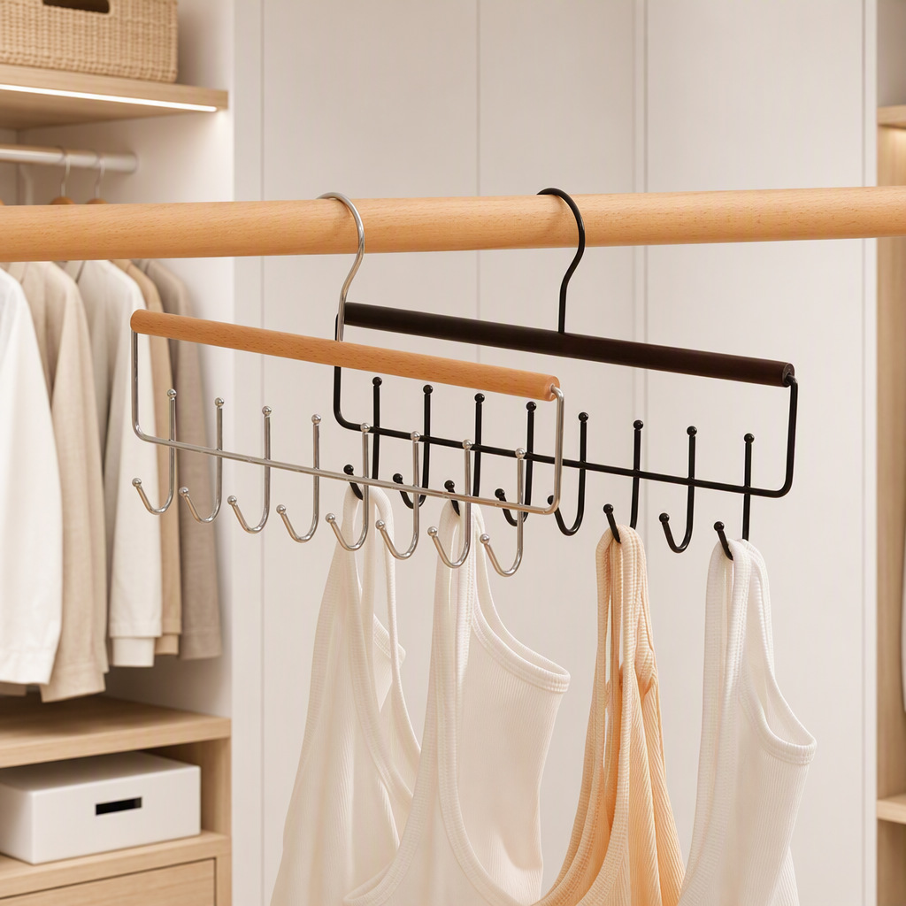 New Multifunctional Household Hanger for Underwear and Vests, Storage Solution with Wooden Hooks for Wardrobe and Tie Rack
