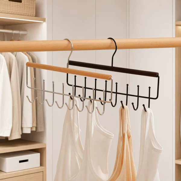New Multifunctional Household Hanger for Underwear and Vests, Storage Solution with Wooden Hooks for Wardrobe and Tie Rack
