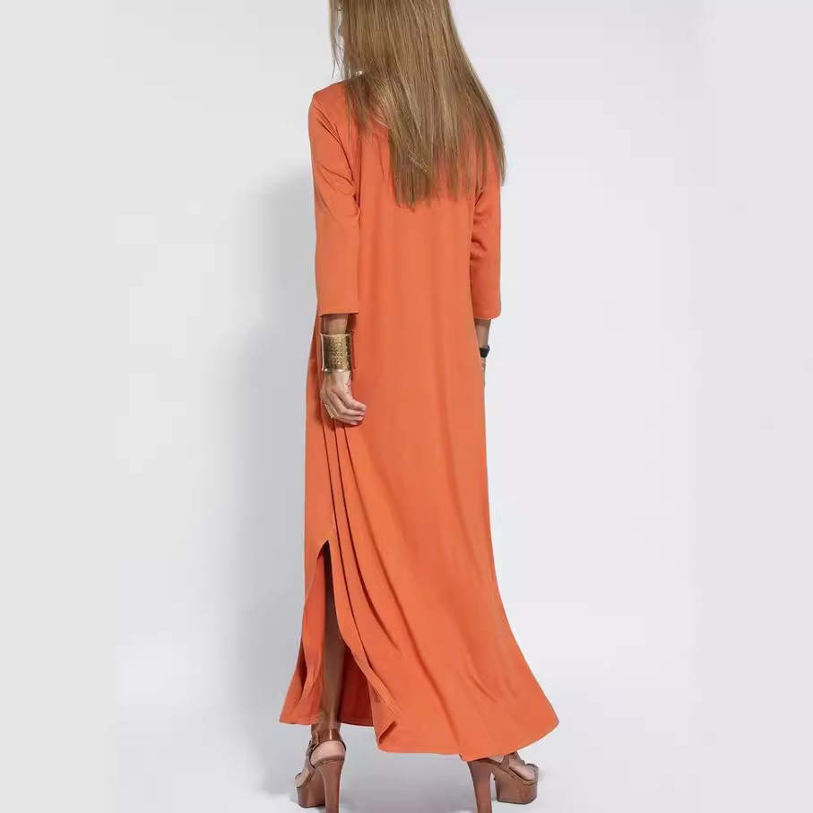 Women's Clothing Women's V-Neck Knitted Long Dress Style Solid Color Three Quarter Sleeve Dress With Slit_voghion.com