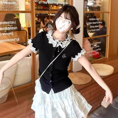 韩系甜妹花边刺绣短袖T恤女夏季新款短款修身正肩百搭休闲上衣ins