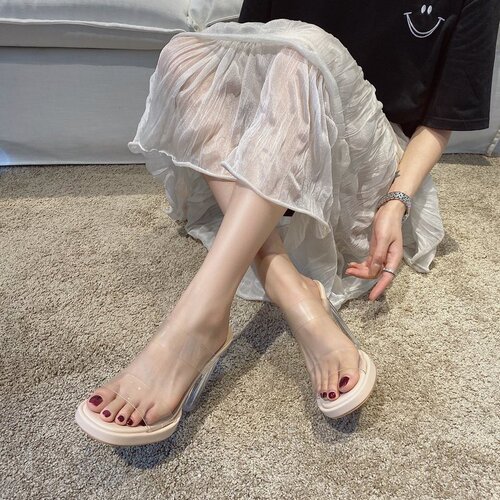 Women's High Heel Slippers 2024 Summer New Arrival One Strap Outerwear Fashion Thick Heel Transparent Slippers