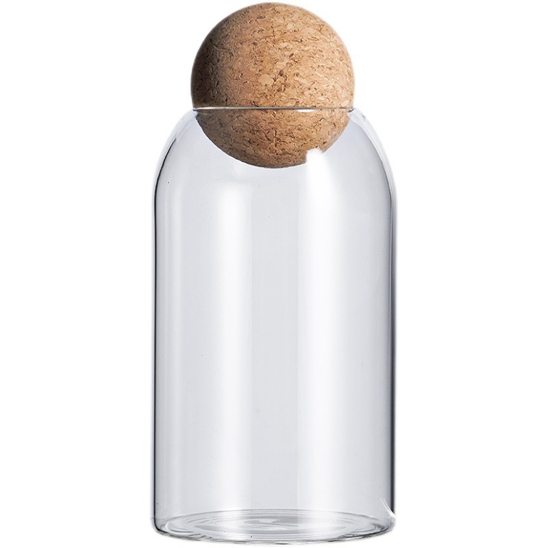 Botella de vidrio sellado de corcho esférico flor frutas té granos de café botella de exhibición de almacenamiento de granos de cocina botella de almacenamiento en stock