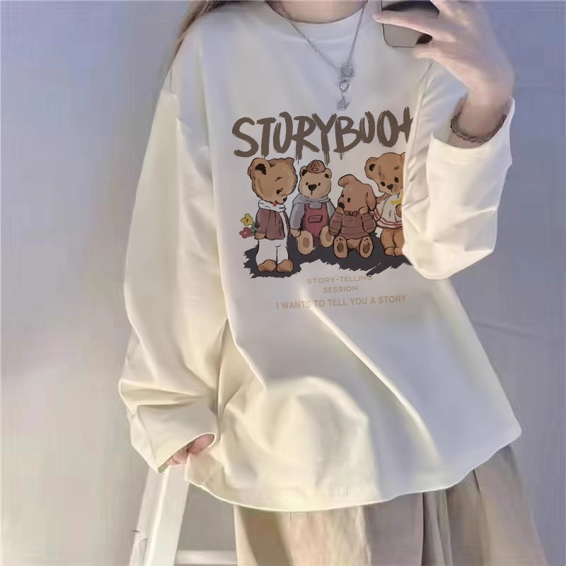 White Long-Sleeved T-Shirt for Women, Autum New Popular Pure Cotton Loose Bottoming Shirt with Large Size Versatile Tops for Women