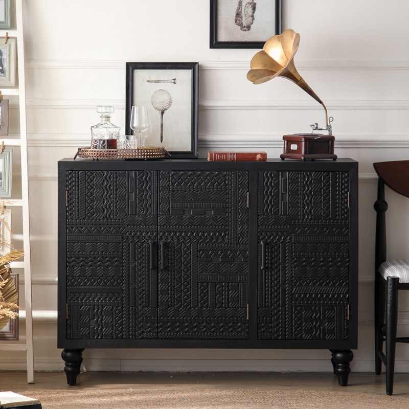 American Style Retro Hotel Entrance Cabinet Multifunctional Furniture Storage Cabinet Simple Homestay Living Room Solid Wood Carved Sideboard