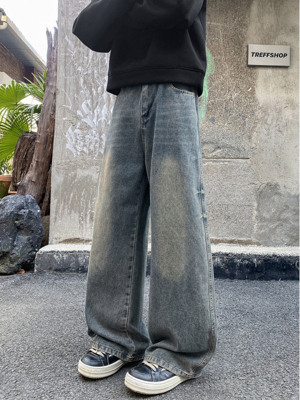 干净复古款水洗牛仔裤男做旧合身美式春秋季长裤子宽松直筒阔腿裤