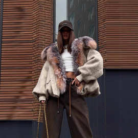 2025冬季欧美跨境新款仿皮毛大毛领拉链纽扣口袋连帽加厚保暖棉服