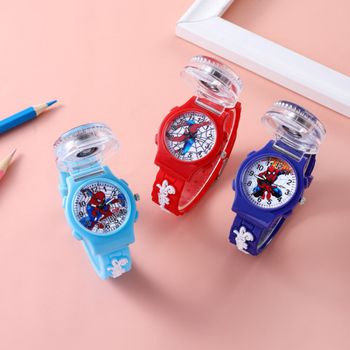 Rotating Children's Watch Anime Spider-Man Stress-Relief Flip Quartz Watch for Boys and Girls Literacy Pointer Watch