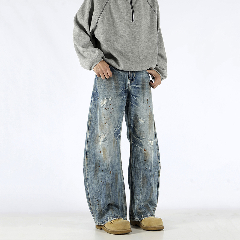 Retro americano cleanfit sickle jeans tendencia suelta recto agujero vibe cimeta pantalones sucios