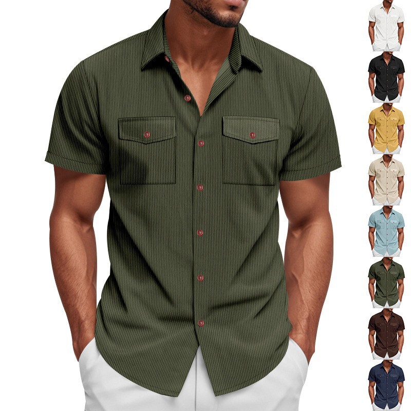 Cross-Border Amazon European and American Men's Heavy Corduroy Double Pocket Short-Sleeved Lapel Casual Loose Work Shirt for Men