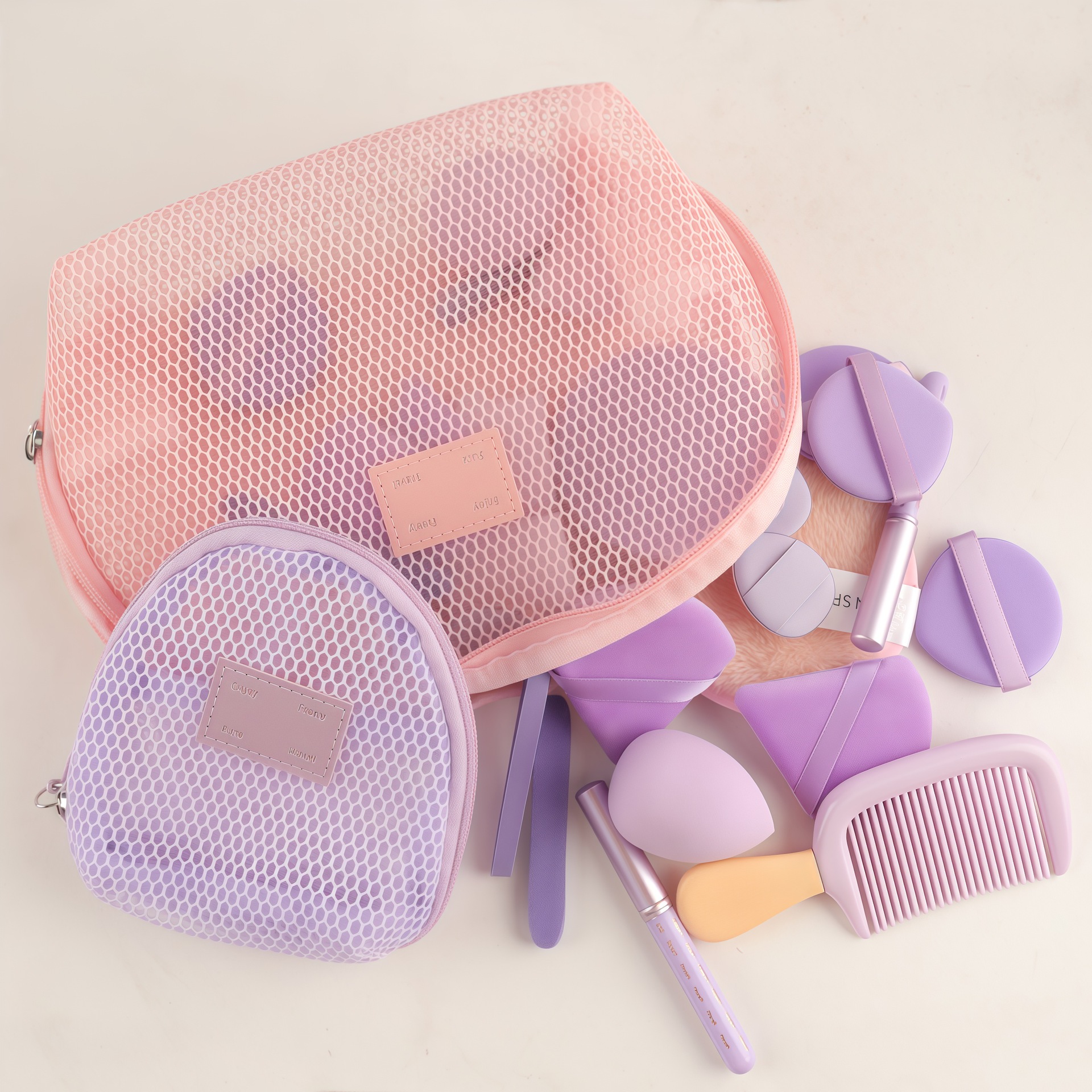 28 nuevos productos transfronterizos, dos bolsas de cosméticos de malla, brocha de maquillaje, maquillaje antes y después del maquillaje, combinación de herramientas de maquillaje