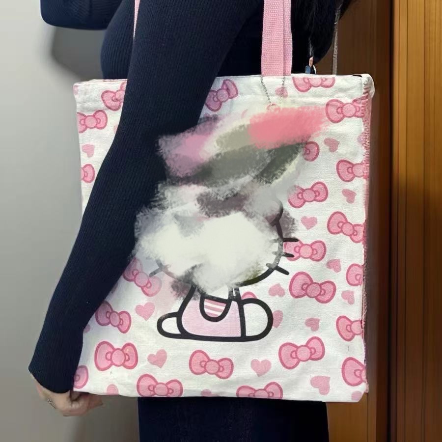 2025新款卡通猫帆布包可爱日文猫大容量学生手拎包卡通手提袋女