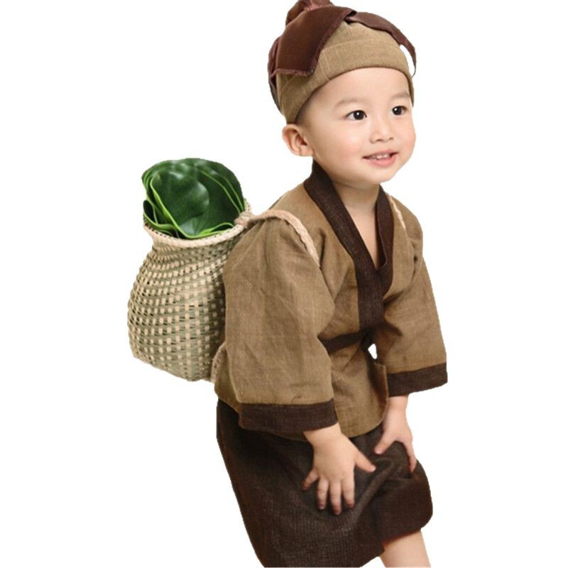 儿童汉服古装国学书童小和尚衣服宝宝僧袍药童锄禾演出服男女夏装|undefined