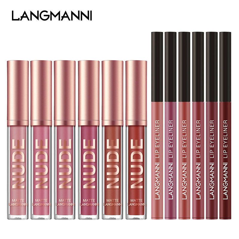 Langmanni6+6 Cross-border Makeup Lip Gloss Lip Liner Combination 12 Sets Non-stick Cup Matte Lip Gloss Set