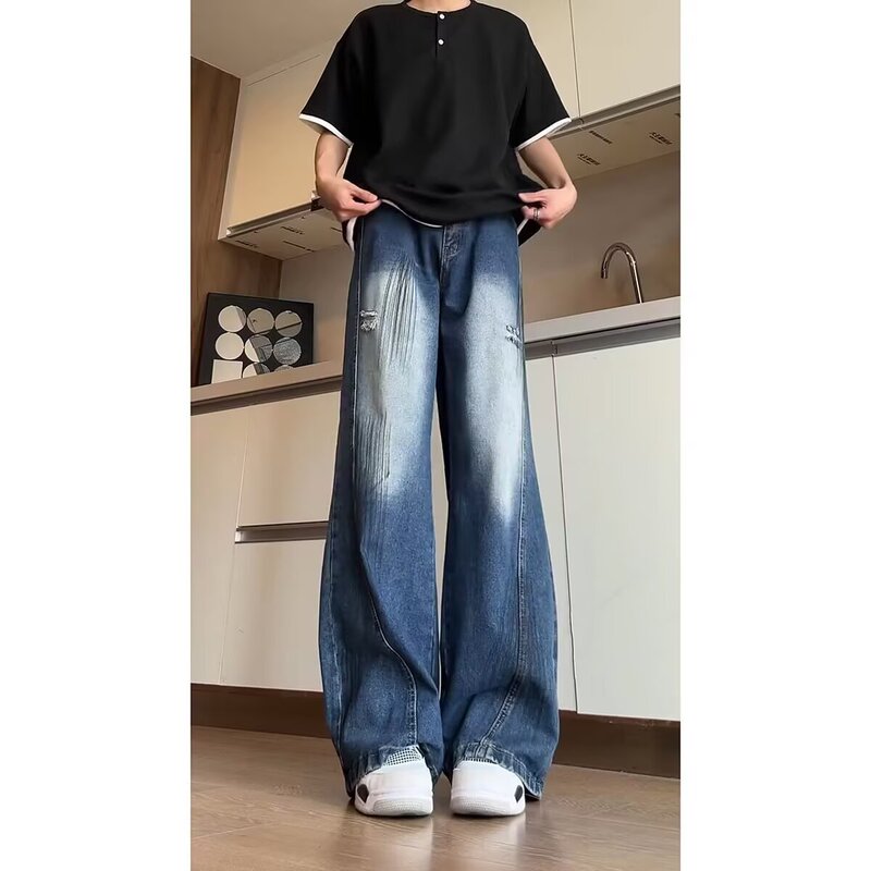 American Retro Blue Workwear Jeans Men's Summer Bootcut Pants Loose Bf Lazy Style Wide-Leg Scimitar Pants