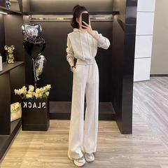 小个子可订时尚设计感运动套装女秋冬款连帽卫衣微喇裤两件套