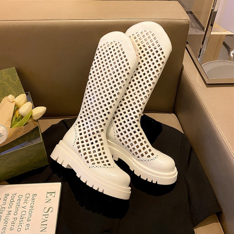 Boot nữ da bò đế dày cổ cao ống lưới — Màu nâu ống lớn, Màu đen cổ ống lớn, Ống nhỏ màu đen, Chu vi ống lớn màu trắng Be chi tiết 15