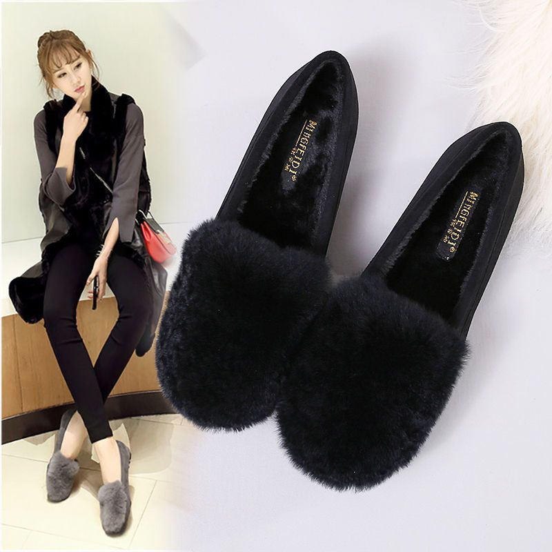 网红毛毛鞋冬季外穿2023新款加绒毛毛豆豆鞋平底棉瓢鞋