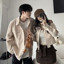 美式复古夹克2025春秋新款休闲宽松小众设计感情侣装一长一短外套