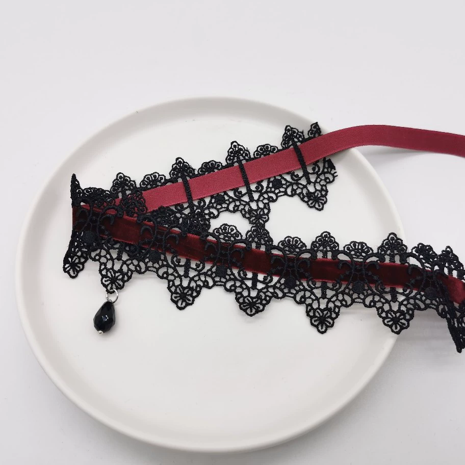 Рождественские украшения на шею, винно-красное темное кружево, бархатное кружево, колье, кружевной ремешок, цепочка на ключицу