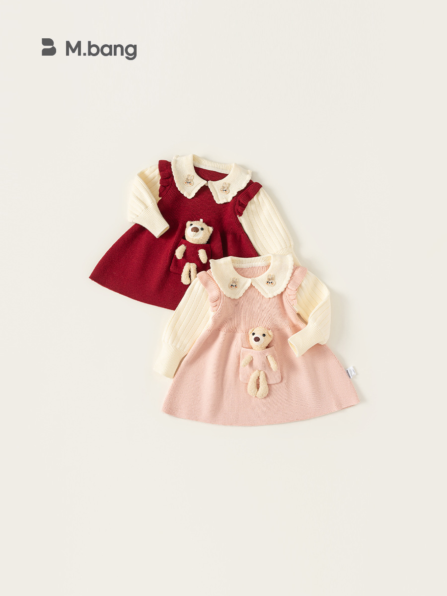 Ropa infantil youbao vestido de niña primavera y otoño falda tridimensional de niña oso falda de niña suéter de punto infantil falda a image 3