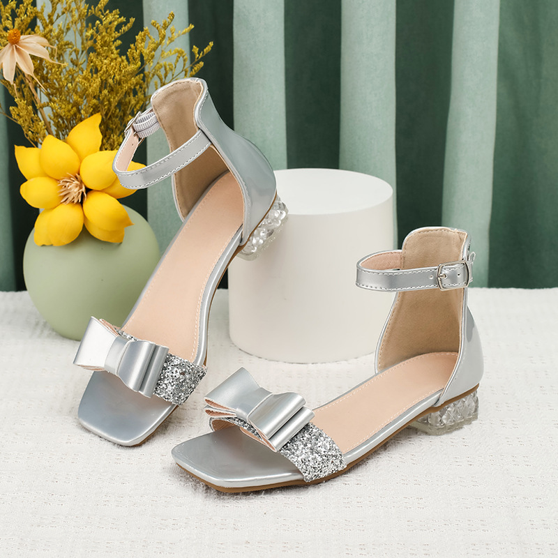 Foreign Trade Children's Shoes Princess Shoes Summer New Girls Silver High Heels Students Middle and Large Children Crystal Sandals High-Top Shoes