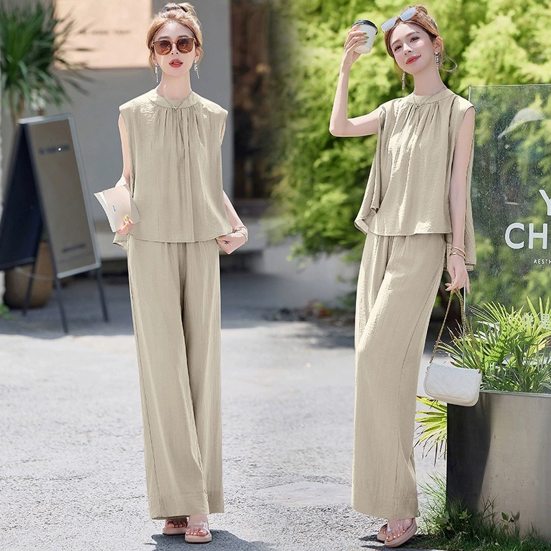 Дизайнерский костюм с широкими брюками, летний новый стиль без рукавов, модный и стройнящий повседневный комплект из двух предметов