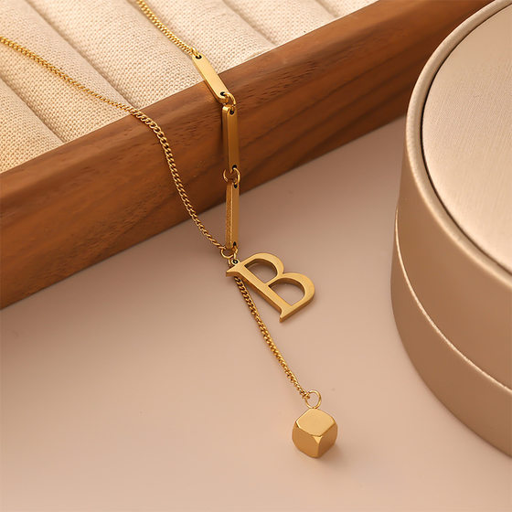 Gold Square Pendant Titanium Steel Clavicle Chain 26 Letter Simple Fashionable Color-free Long Woolen Chain Single Chain