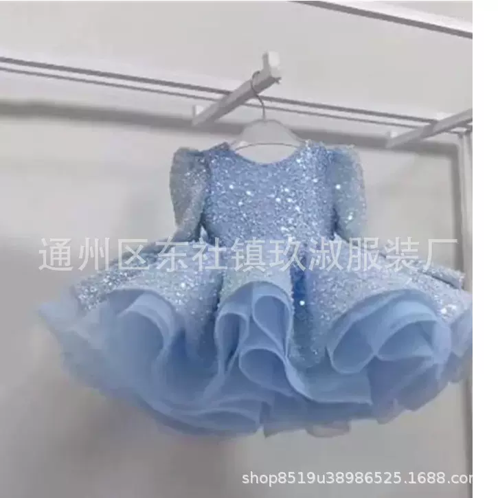 儿童礼服花童跨境小女孩珠绣生日party公主裙主持人钢琴亚马逊短