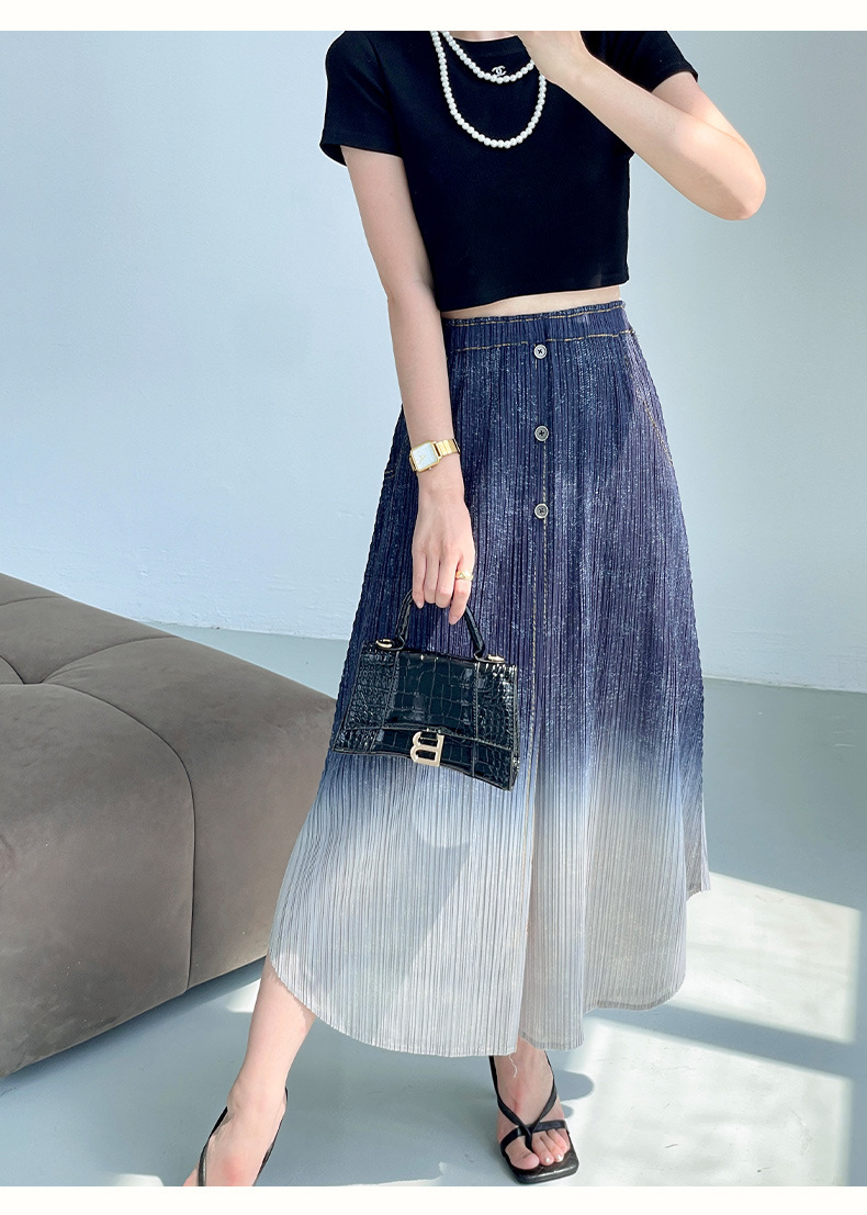 Chân váy xếp ly nữ cạp cao denim phối màu thời trang hè — Màu xanh lam chi tiết 11