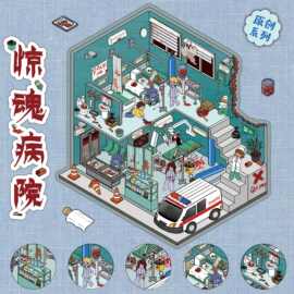 惊魂病院微缩小世界造景贴纸卡通微恐场景视觉叠堆防水批发3D贴纸