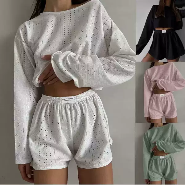 Cross-Border Spring and Summer New European and American Women's Suits, Fashionable and Simple Style, Loose Pullover Long-Sleeved Tops, Slit Shorts for Women