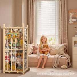 木制布偶娃娃收纳篮玩偶填充收纳架儿童毛绒玩具木质收纳置物架